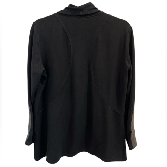 Weekends by Chico’s Black Open Front Cardigan Faux Leather Trim Size 2 (L) - Picture 2 of 6